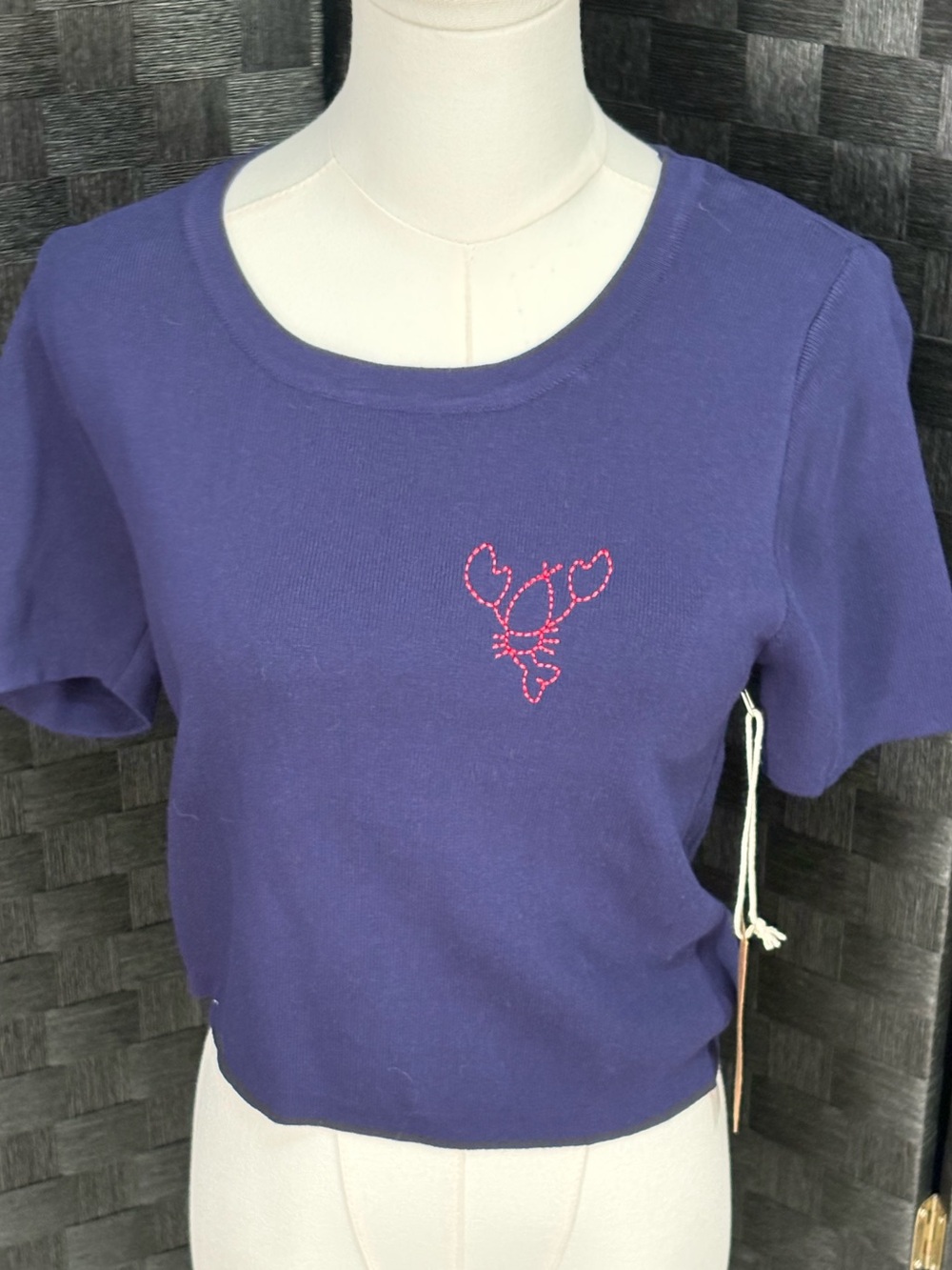 Nautical Navy Blue Baby Tee Short Sleeve Ribbed Red Embroidered Lobster